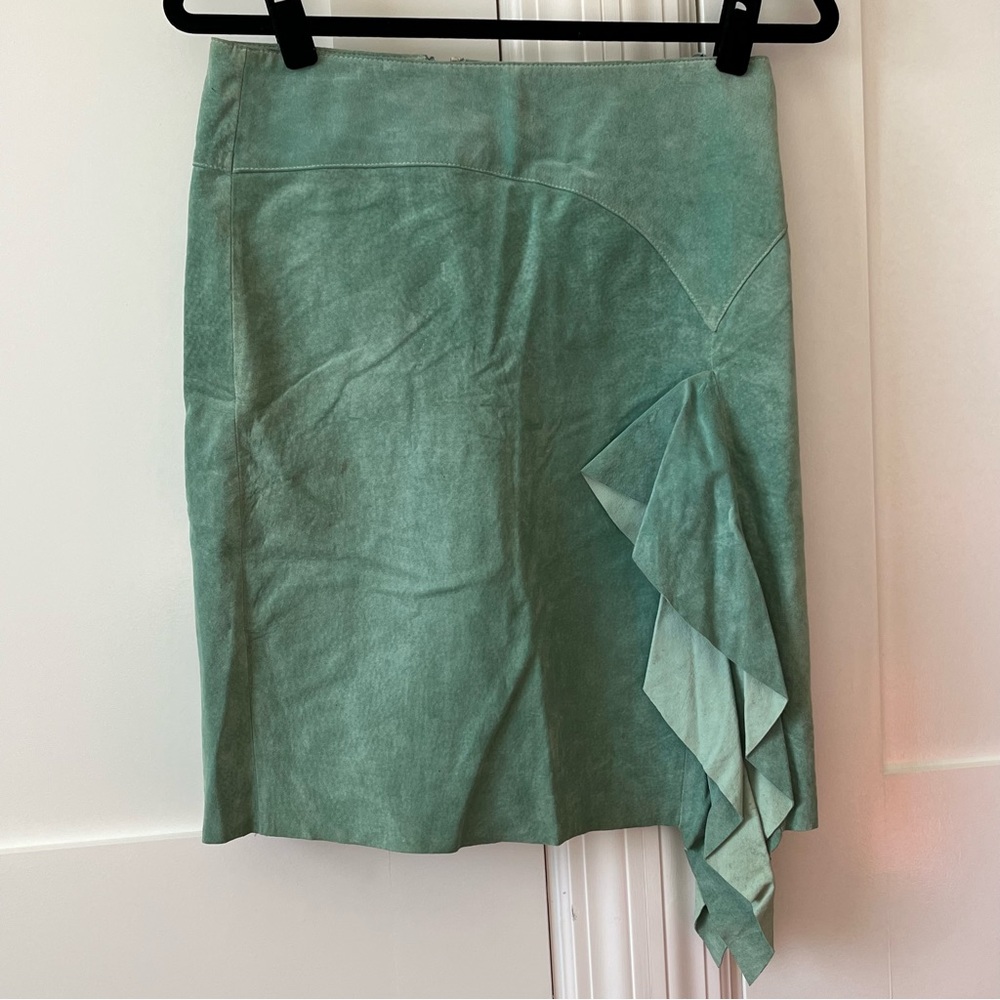 bebe Mint Green Suede Ruffle Midi Skirt